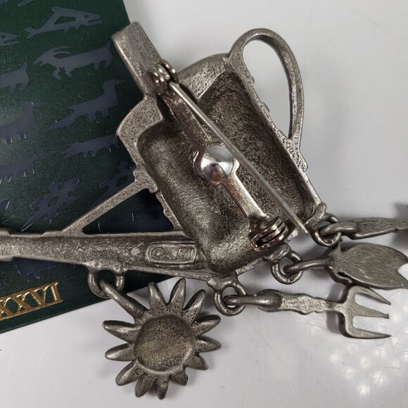 Vintage JJ Jonette Pewter Watering Can Dangle Flower Fork Shovel Veggie Brooch - Picture 7 of 7